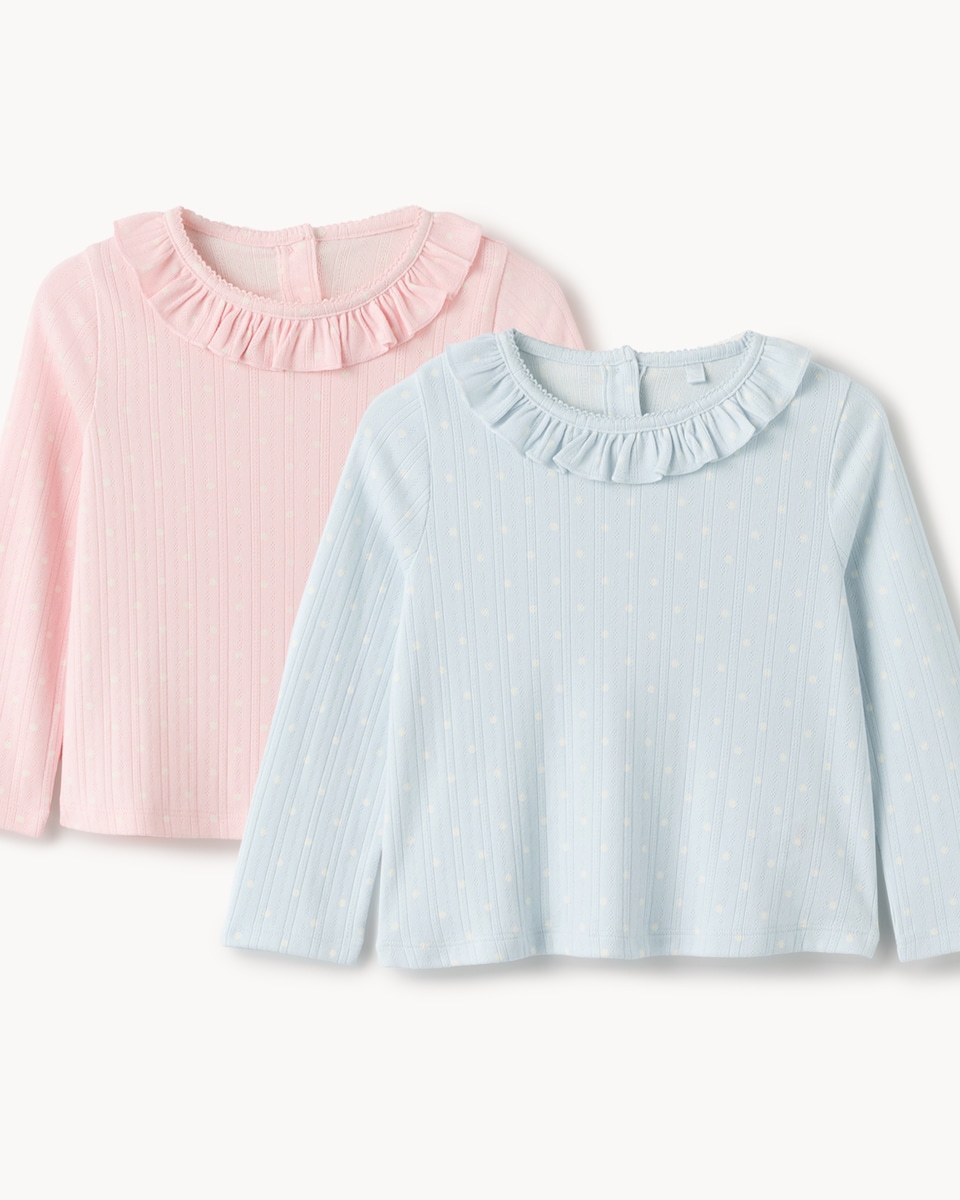 image 1 of F&F Girls 2-Pack Pointelle Polka Dot Frill Pyjama Sets in Multi