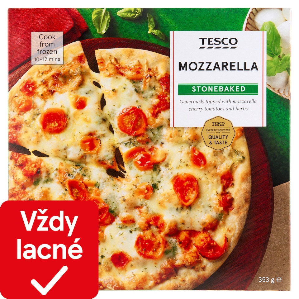 Tesco Pizza pečená v kamennej peci so syrmi mozzarella, eidam a cherry paradajkami 353 g