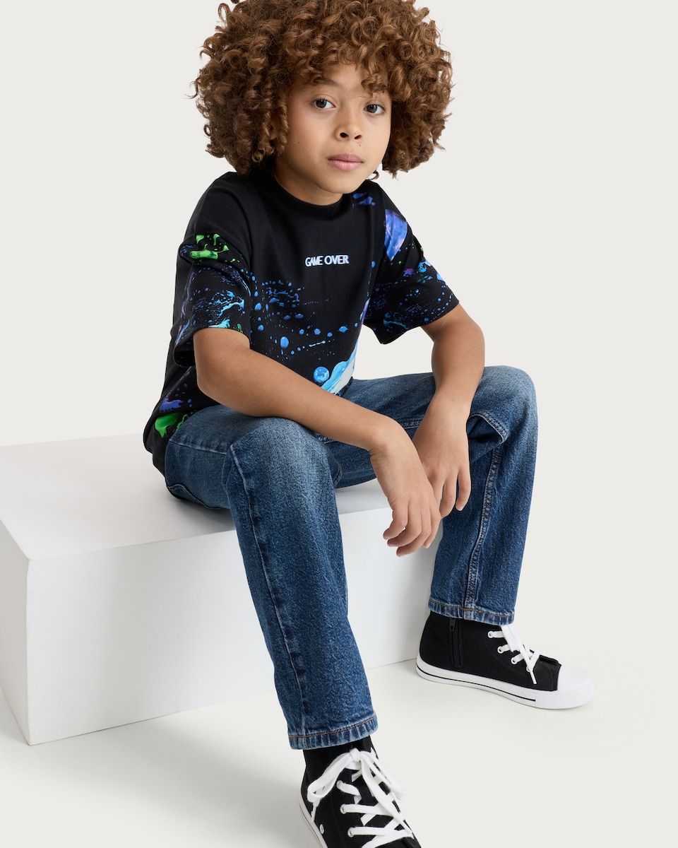 image 1 of F&F Boys Pure Cotton Game Over Football Print Oversized T-Shirt in Multi Black