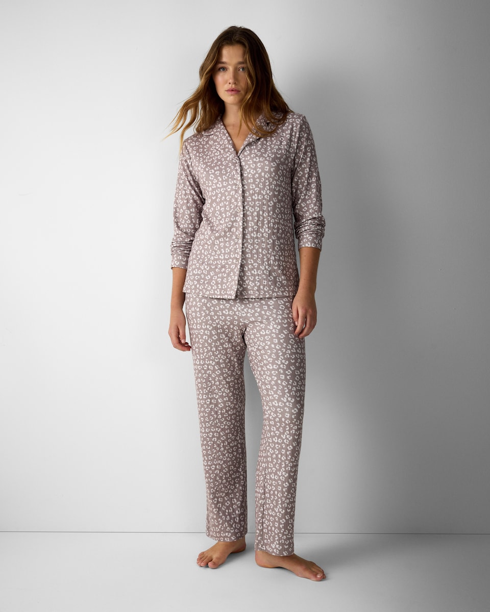 image 1 of F&F Pointelle Animal Print Revere Pyjama Set in Neutral