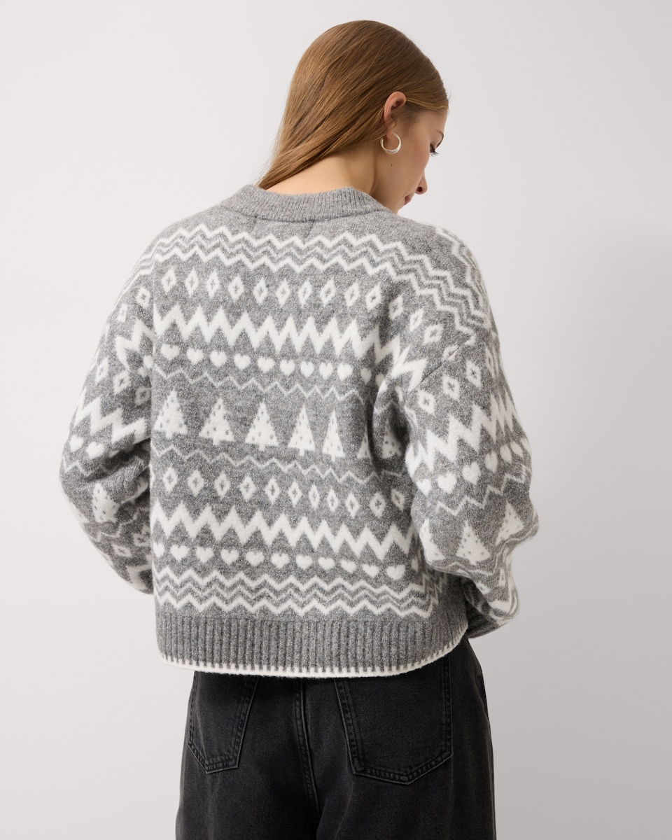 image 1 of Christmas Sparkly Fair Isle Cardigan in Grey