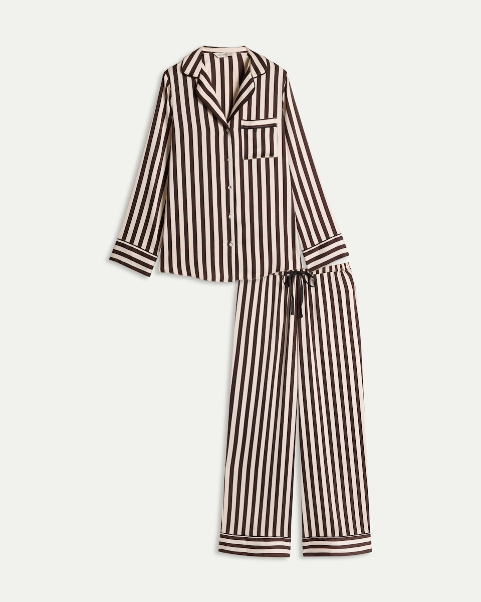 image 1 of F&F 2-Piece CoolEase™ Satin Striped Revere Pyjama Set in Multi Brown