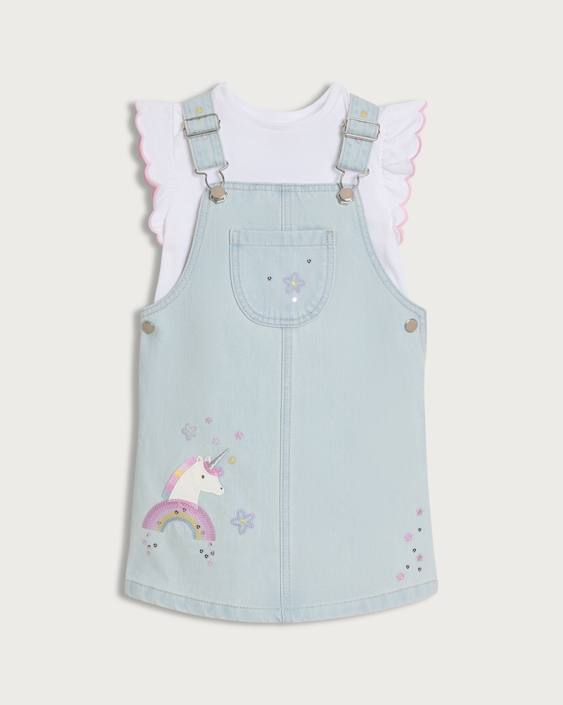 F&F Girls 2-Piece Pure Cotton Unicorn Embroidered Denim Pinafore Dress and T-Shirt Set in Blue