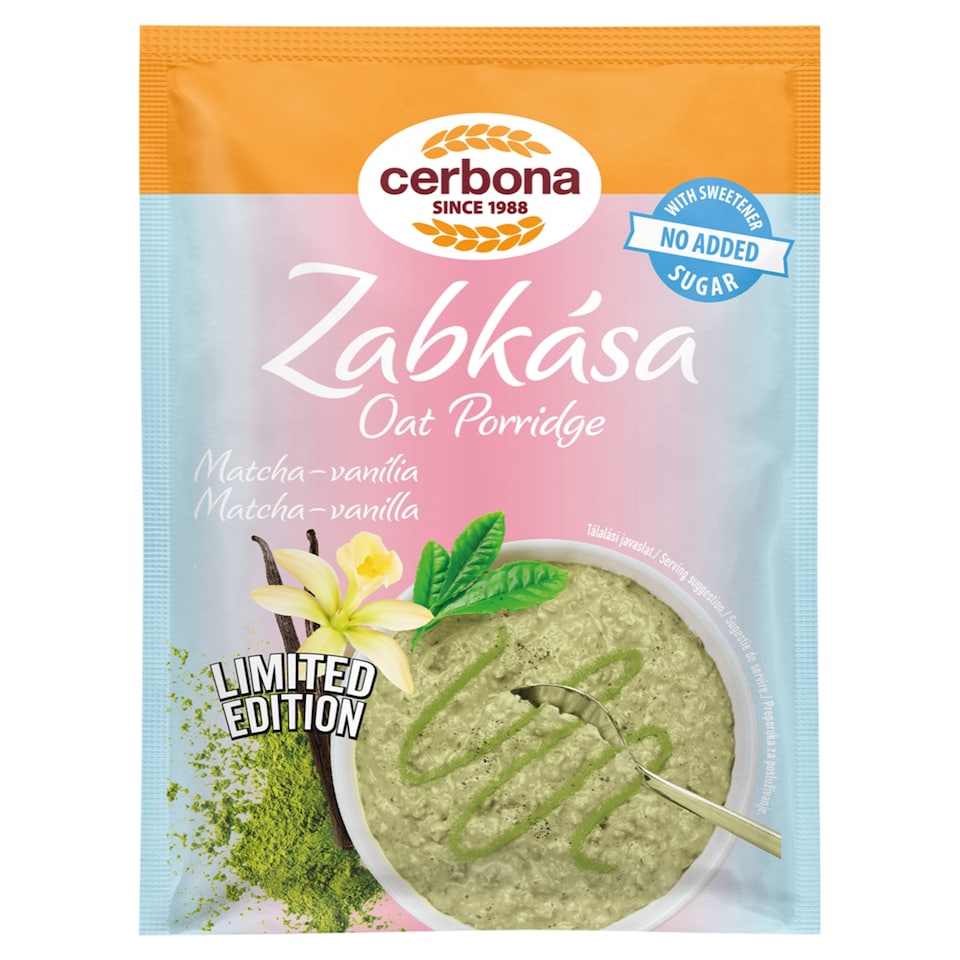Cerbona matcha-vanília ízű zabkása, cukor hozzáadása nélkül, édesítőszerekkel 50 g
