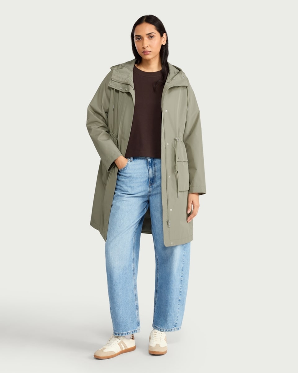 image 1 of F&F Shower Resistant Drawstring Waist Hooded Raincoat in Khaki