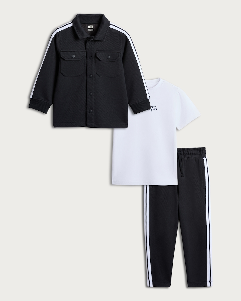 image 1 of F&F Boys 3-Piece Cotton Rich Shirt and Joggers Set in Navy
