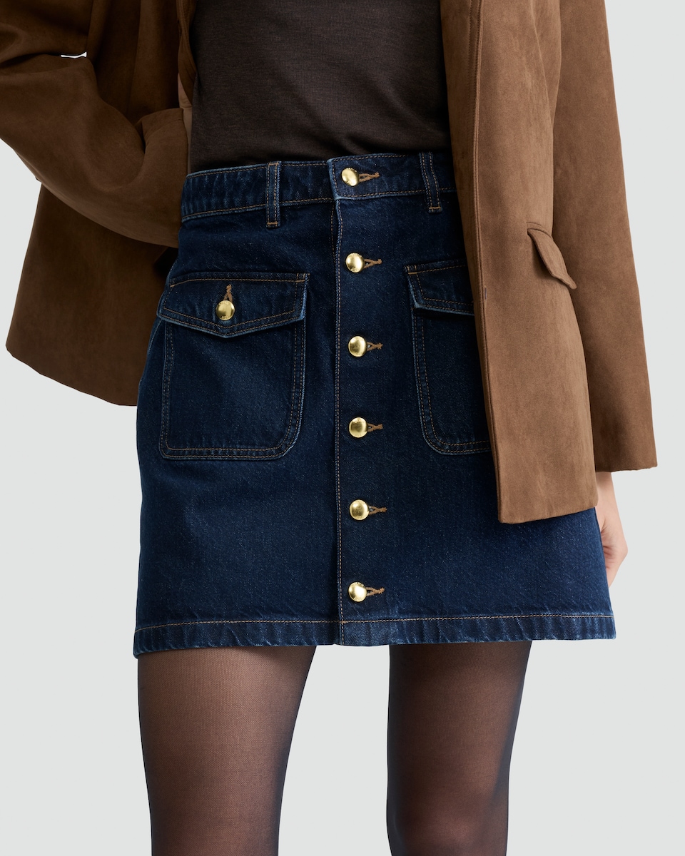 image 1 of The F&F Edit Denim Button-Front Skirt in Navy