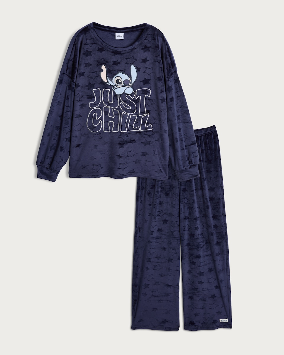 image 1 of Disney Stitch Just Chill Slogan Fleece Pyjamas in Blue
