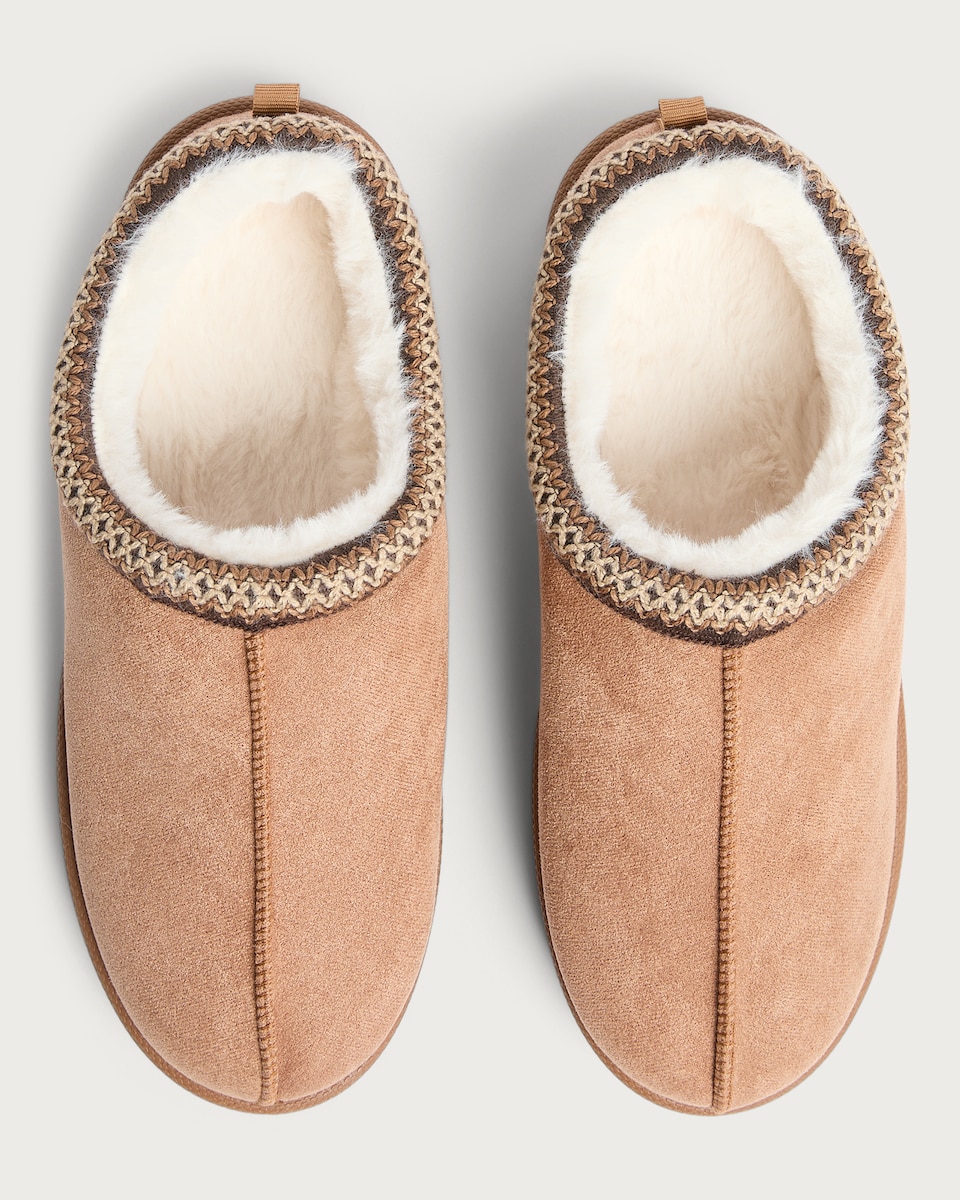 image 1 of F&F Faux Fur Lined Embroidered Mule Slippers in Tan