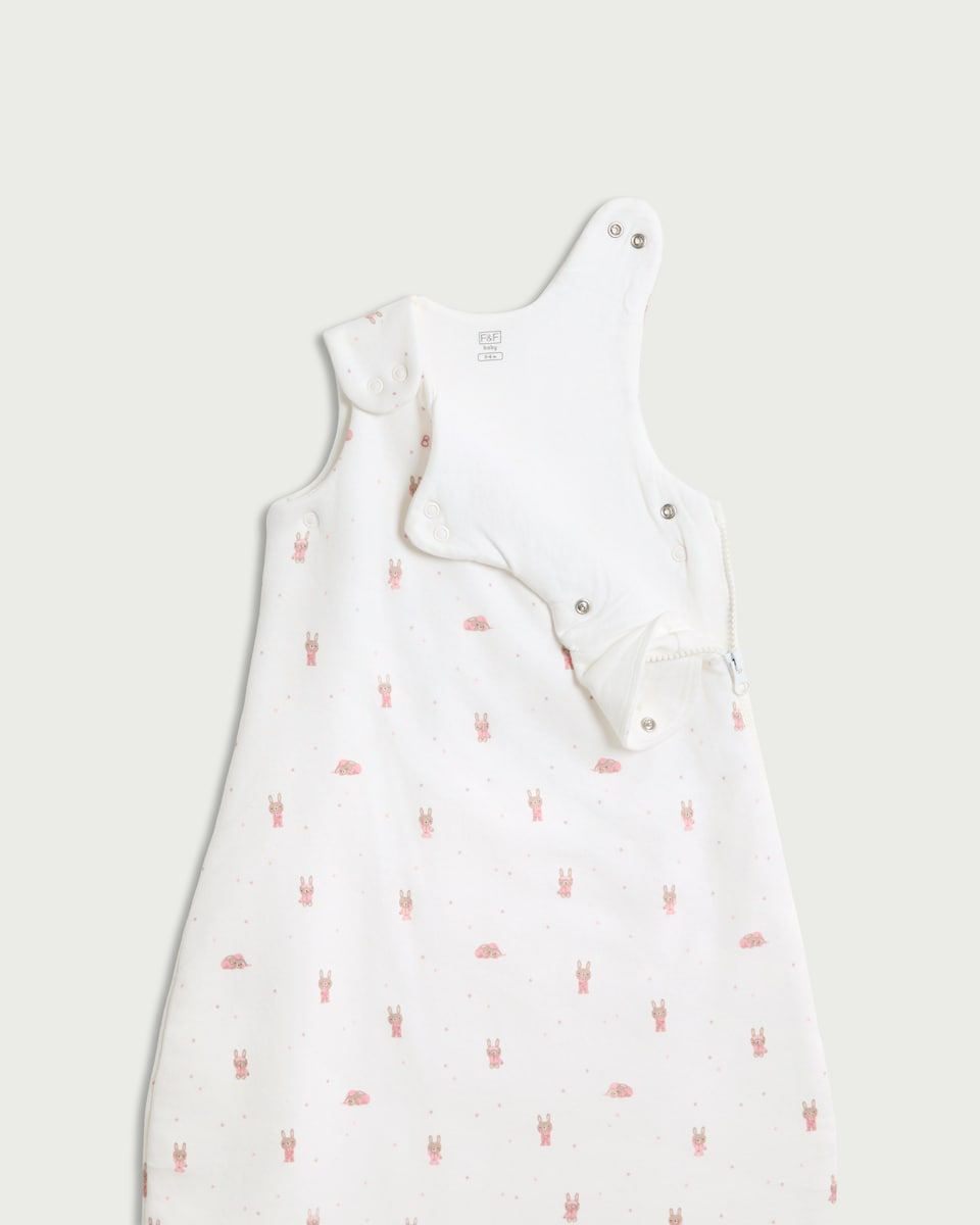 image 1 of F&F Baby Pure Cotton Bunny Print 2.5 Tog Sleeping Bag in White