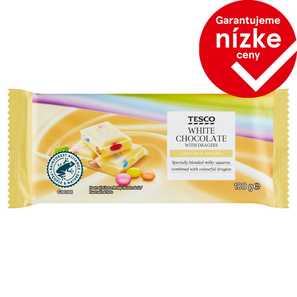 Tesco Biela čokoláda s čokoládovými dražé 100 g
