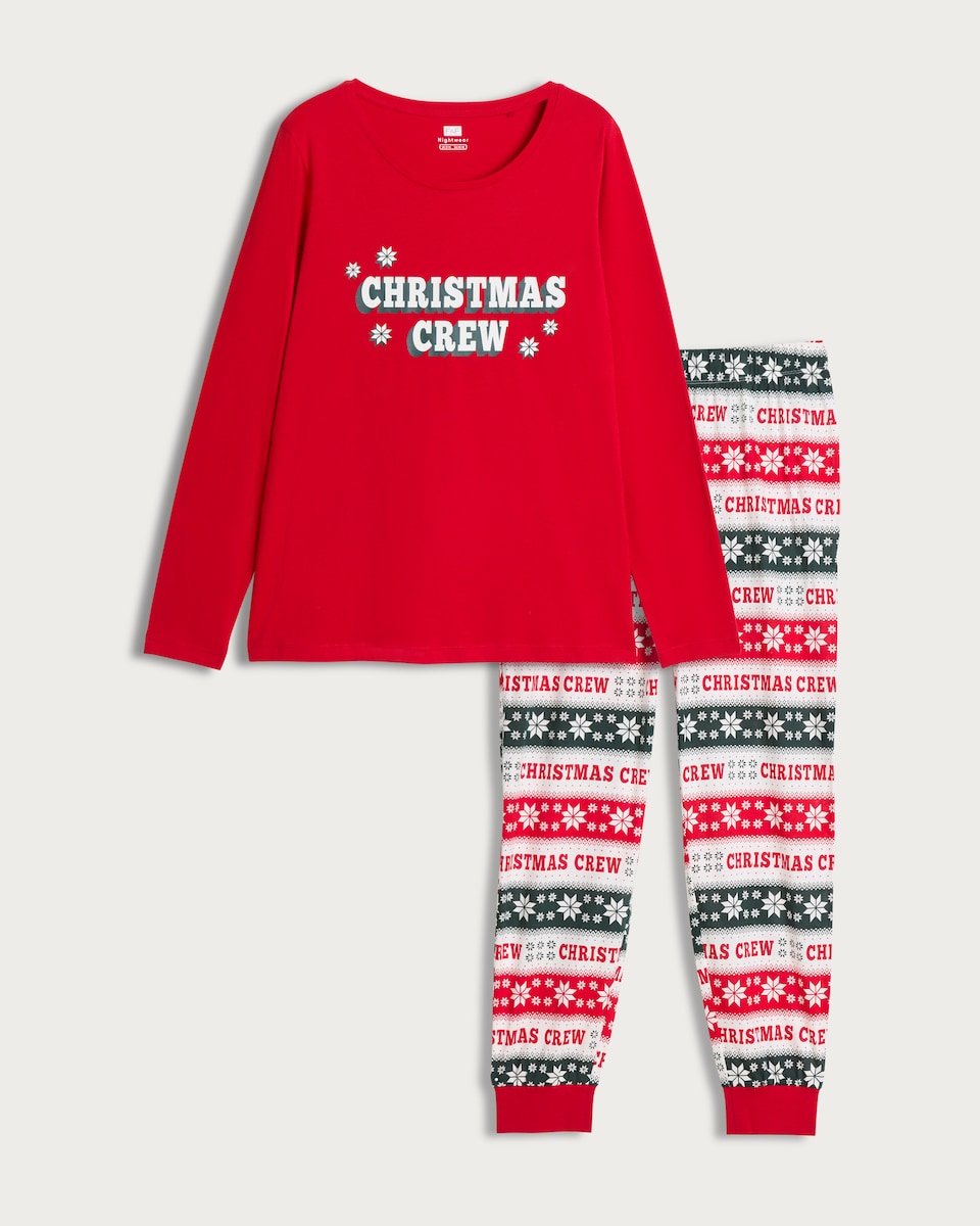 image 1 of F&F Pure Cotton Christmas Crew Top and Joggers Pyjamas in Red