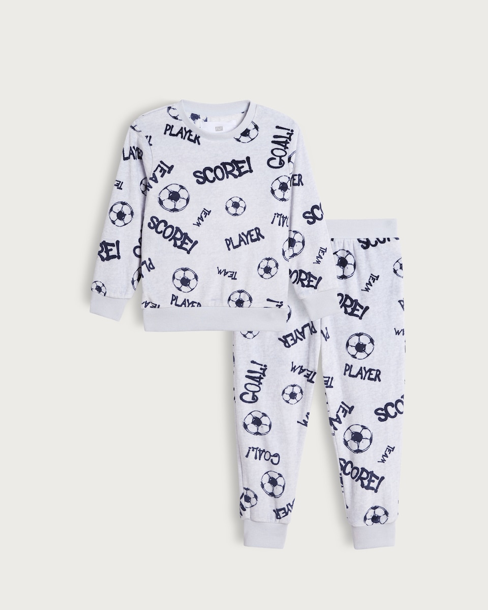 image 1 of F&F Boys Minky Football Print Long Sleeved Pyjama Set in Grey