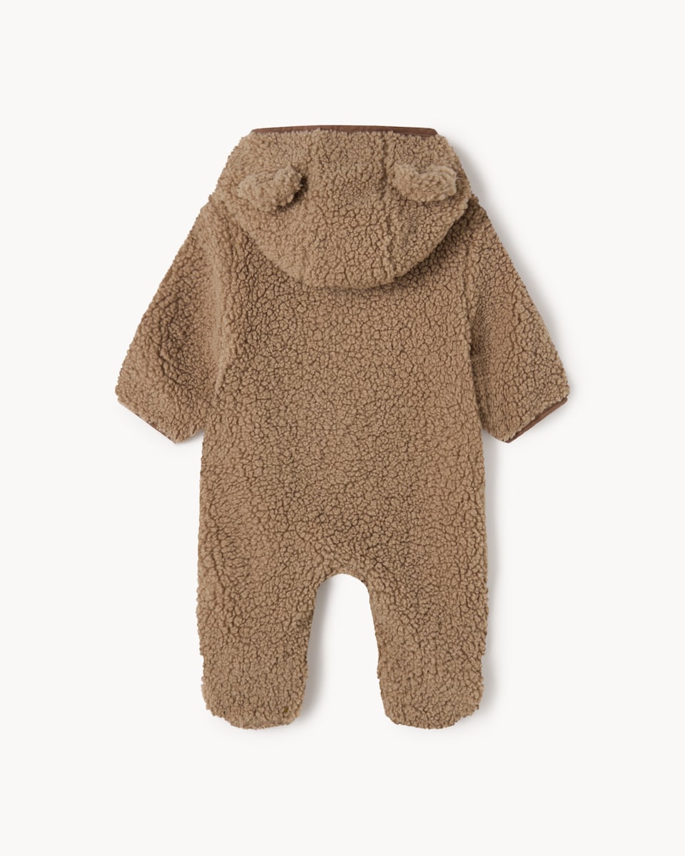 image 1 of F&F Baby Borg Fleece Hooded Pramsuit in Tan