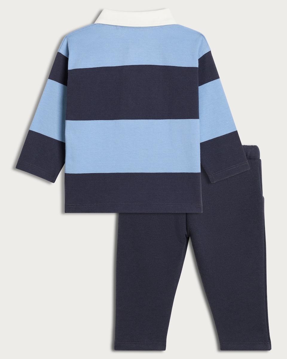 image 1 of F&F Baby 2-Piece Pure Cotton Rugby Shirt and Joggers Set in Blue