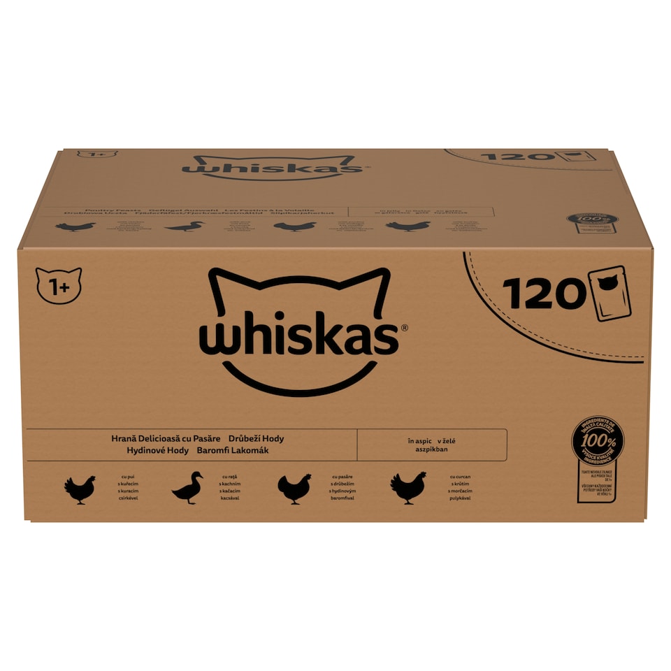 Whiskas 1+ Baromfi Lakomák teljes értékű nedves eledel felnőtt macskáknak 120 x 85 g (10,2 kg)