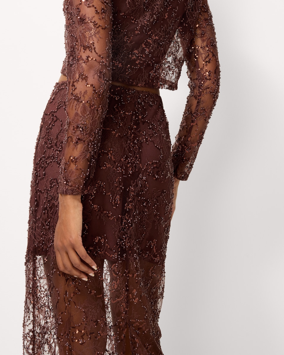 image 1 of F&F Beaded Lace Co-ord Midi Skirt in Chocolate