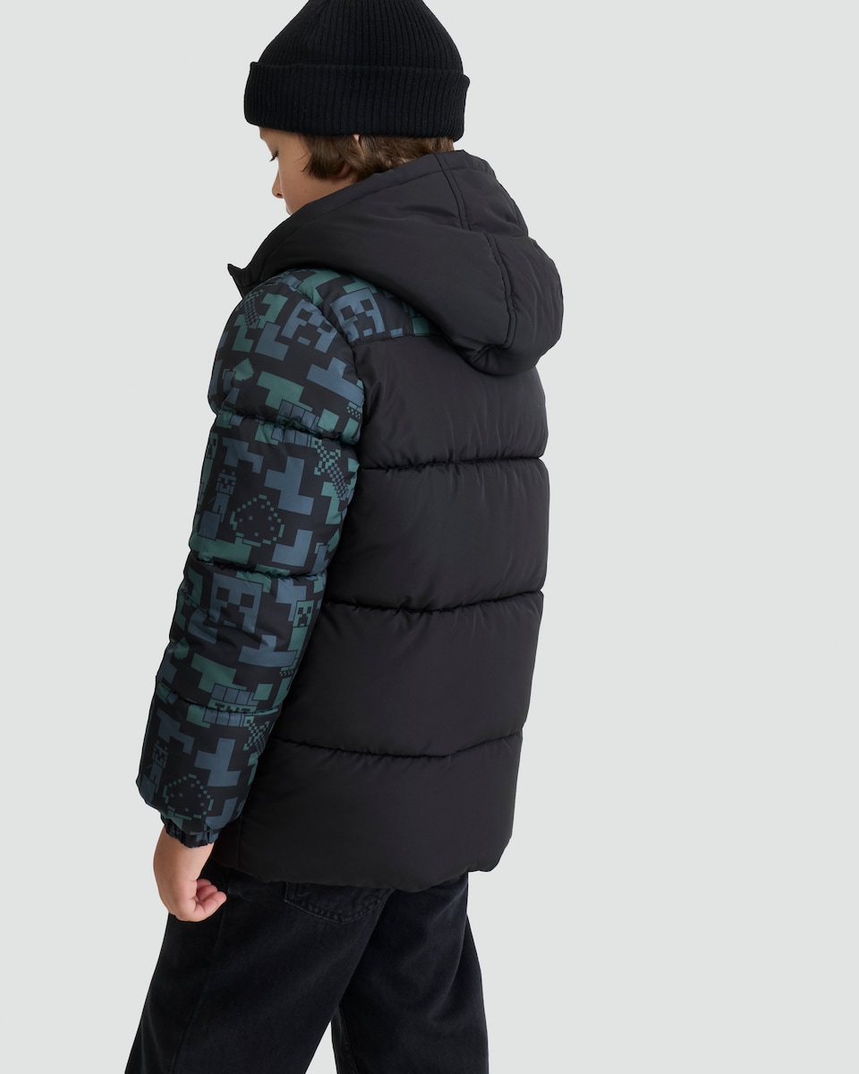 image 1 of Minecraft Creeper Print Puffer Jacket in Black