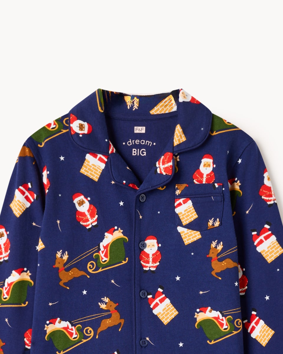 image 1 of F&F x March Muses Pure Cotton Santa Revere Pyjama Set in Navy