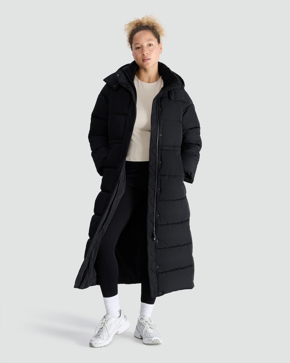 image 1 of F&F Hooded Longline Shower Resistant Puffer Coat in Black
