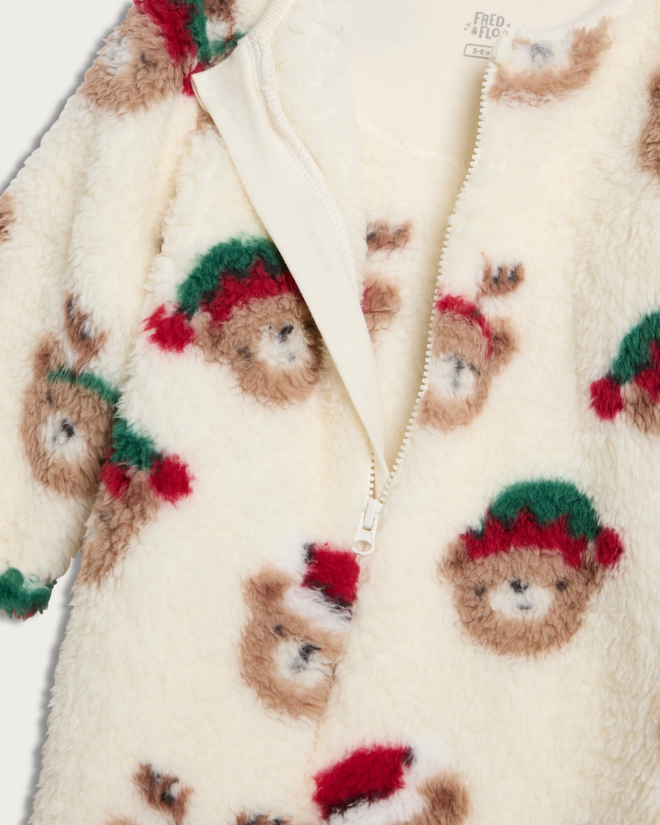 image 1 of F&F Baby Fleece Teddy Bear Christmas Sleepsuit in White