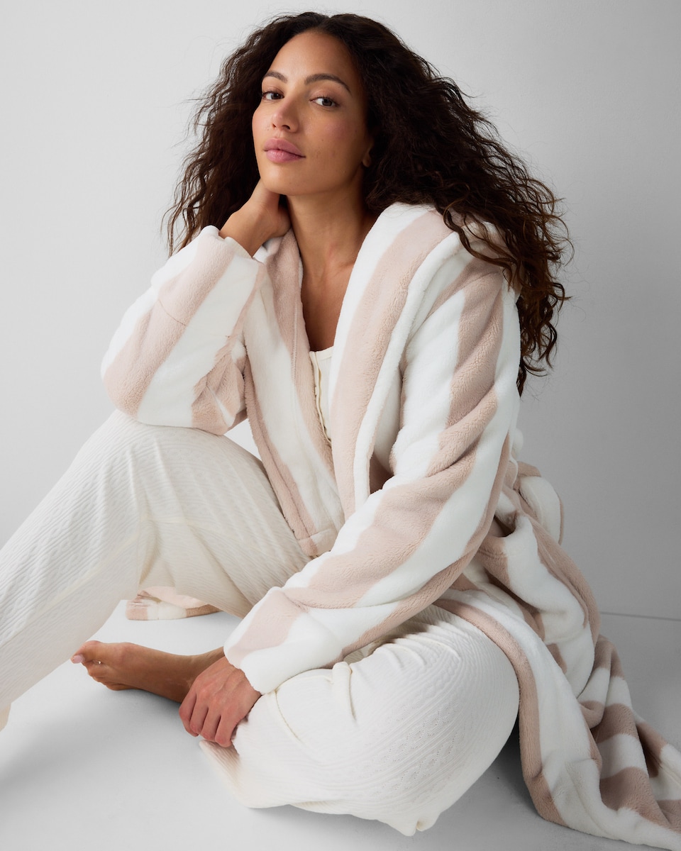 image 1 of F&F Fleece Striped Hooded Dressing Gown in Neutral
