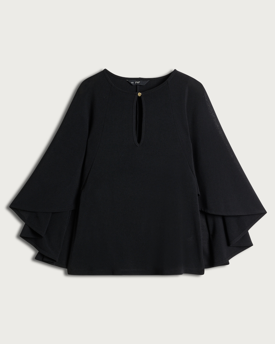 image 1 of F&F Keyhole Ruffle Sleeved Cape Top in Black