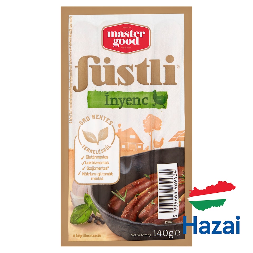 Master Good Füstli Ínyenc borsos és fokhagymás fűszerezésű, füst ízesítésű virsli csirkehúsból 140 g  1. kép