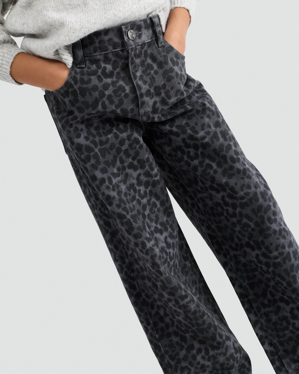 image 1 of F&F Girls Pure Cotton Leopard Print Wide Leg Jeans in Grey