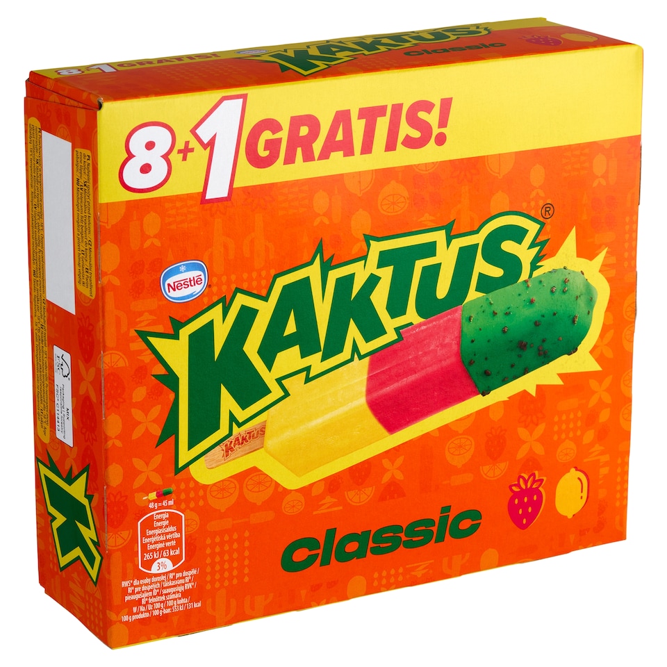 Kaktus Classic citromízű vizes jégkrém és eper szorbé, rágógumiízű bevonattal 9 x 45 ml (405 ml)  1. kép