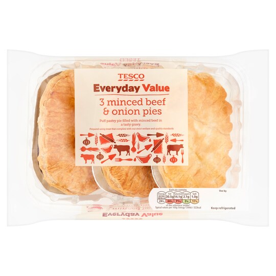 Tesco Every Day Value 3 Minced Beef And Onion Pies 450G