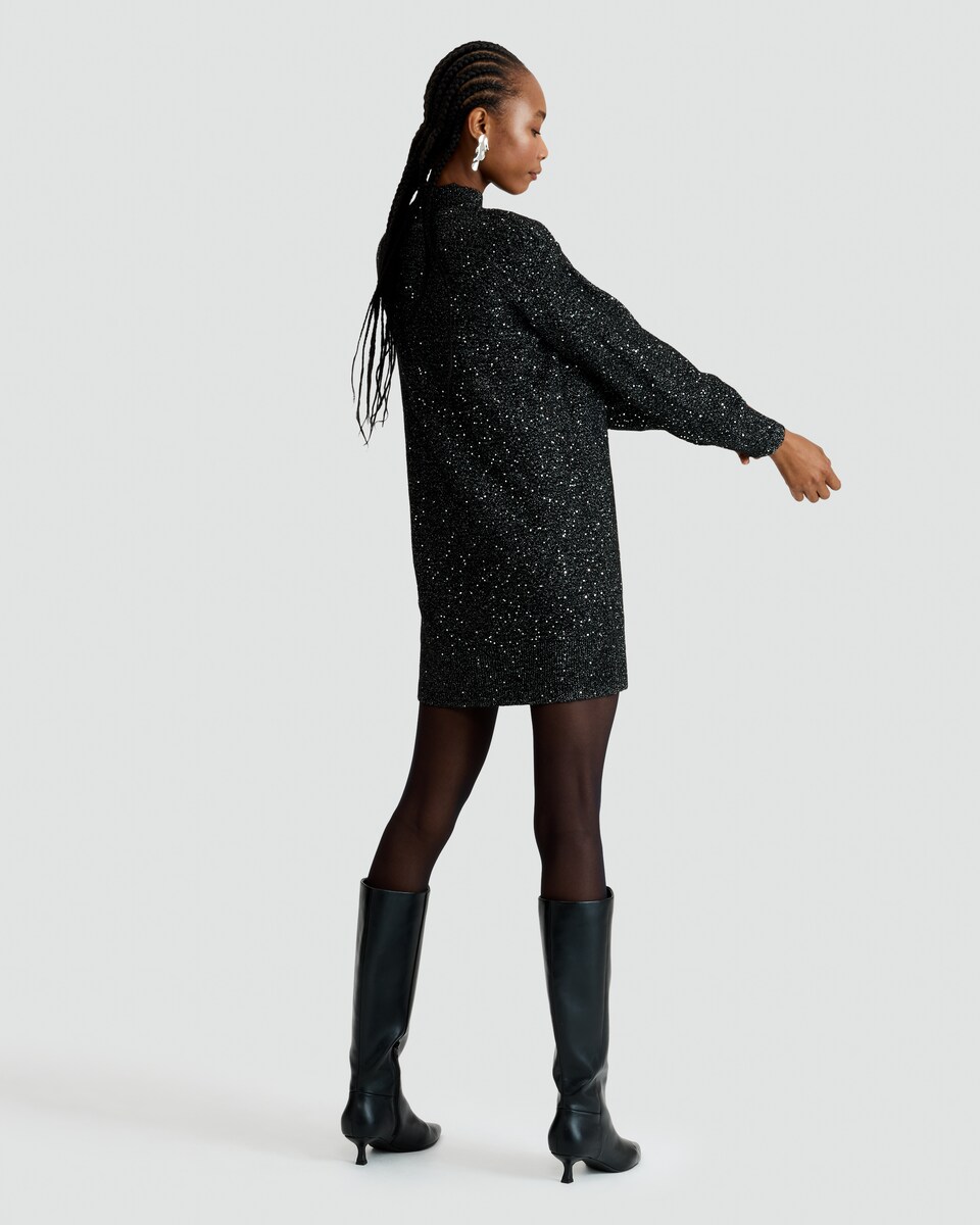 image 1 of F&F Sequin Embellished Knit High Neck Dress in Black