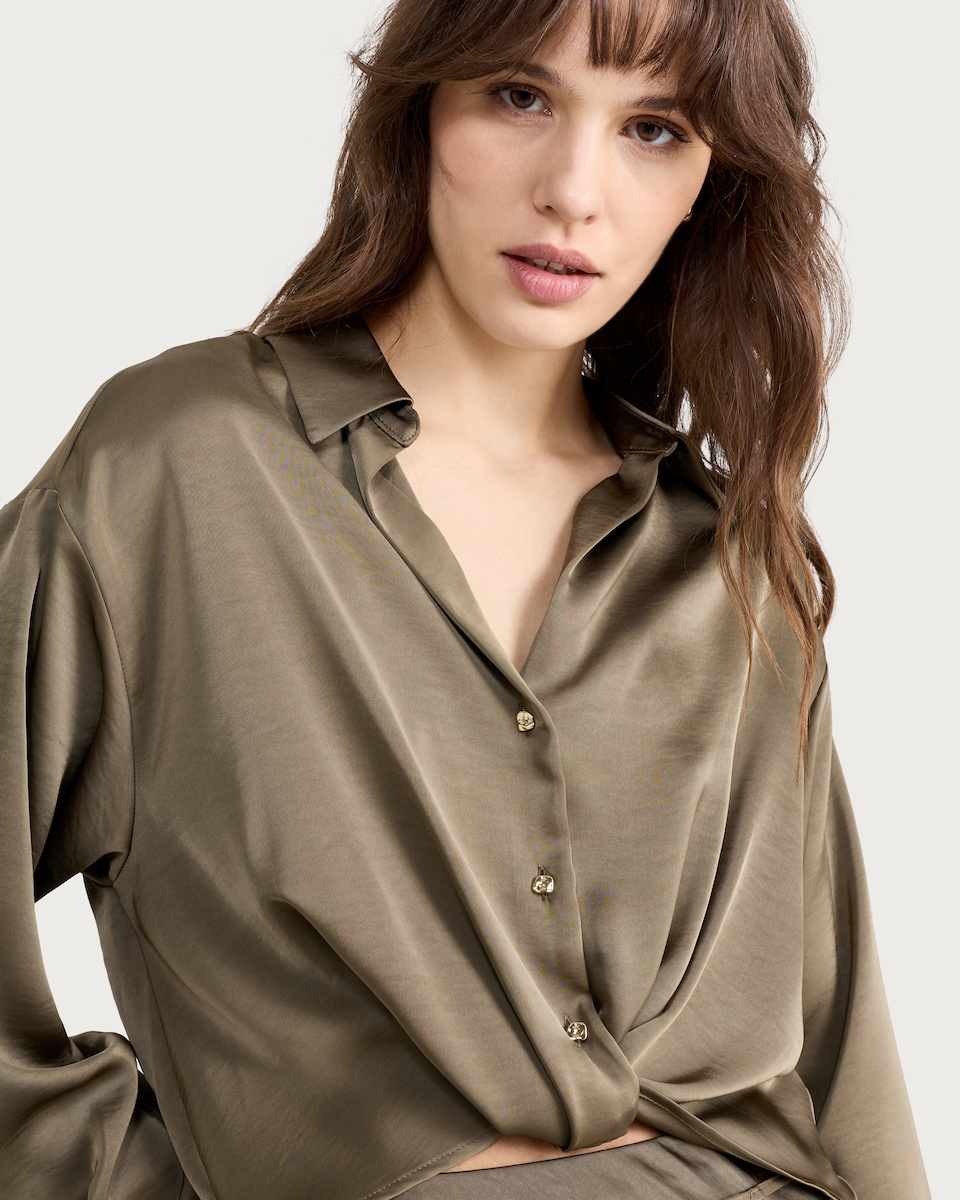 image 1 of F&F Satin Twist Front Hem Button Up Co-ord Shirt in Khaki
