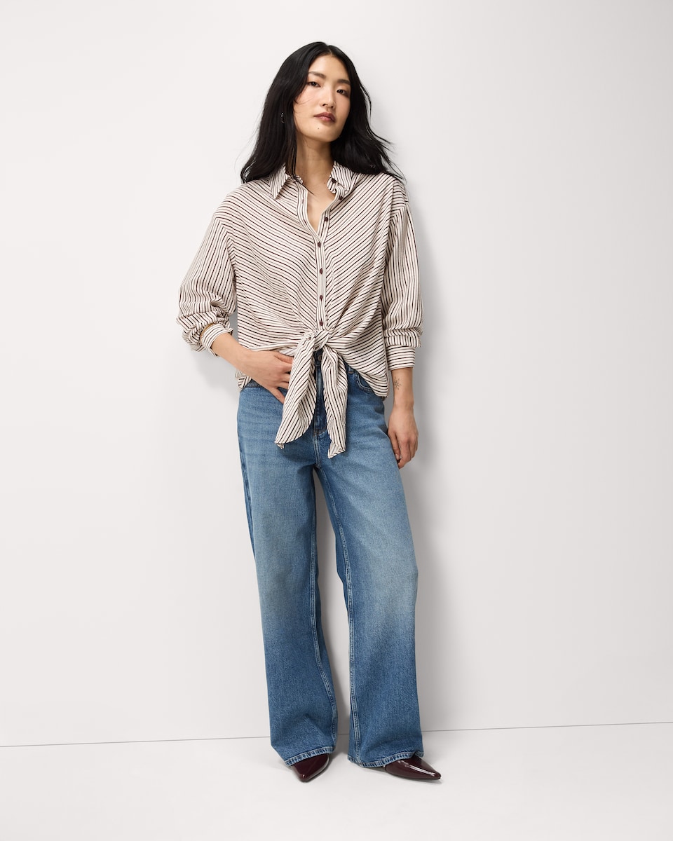 image 1 of F&F Striped Knot Front Shirt in Burgundy