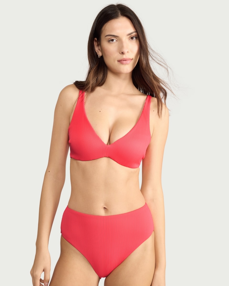 image 1 of F&F Ribbed Textured High Waisted Bikini Bottoms in Pink