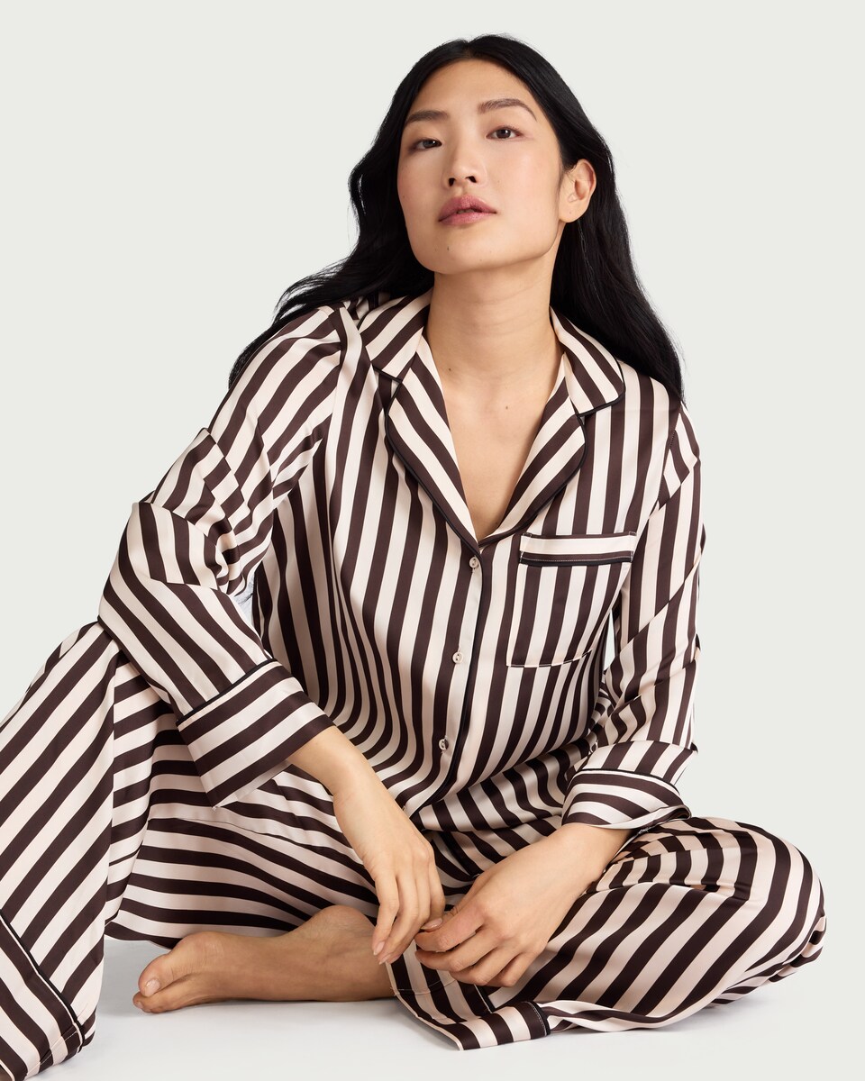 image 1 of F&F 2-Piece CoolEase™ Satin Striped Revere Pyjama Set in Multi Brown