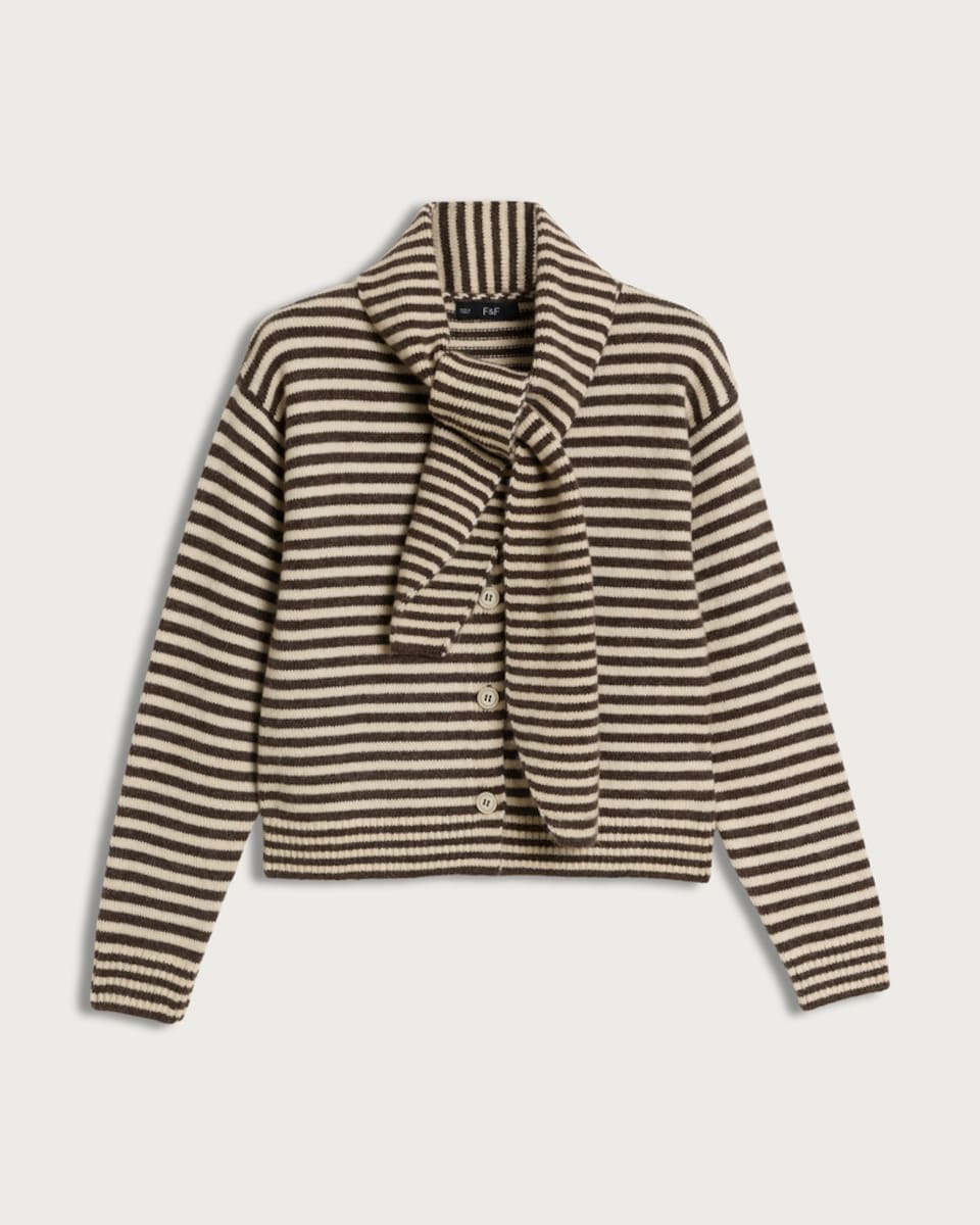 image 1 of F&F Knitted Striped Scarf Cardigan in Brown