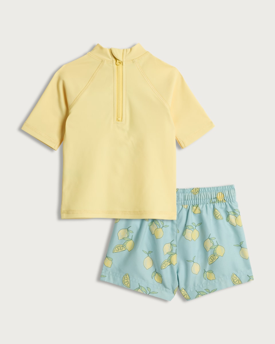 image 1 of F&F Baby 2-Piece Lemon Print Rash Vest and Swim Shorts Set in Yellow