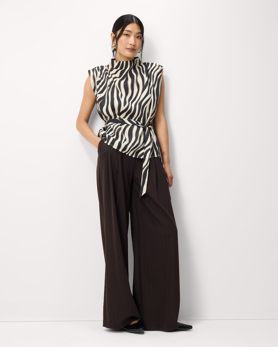 image 1 of F&F High Neck Tie Side Blouse in Multi Brown