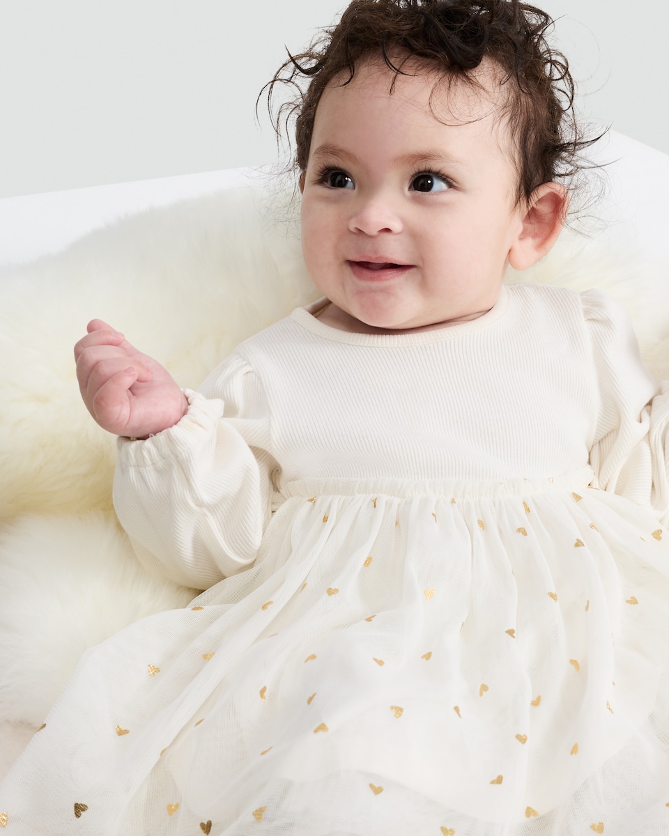 image 1 of F&F Baby Heart Print Day Dress in Cream