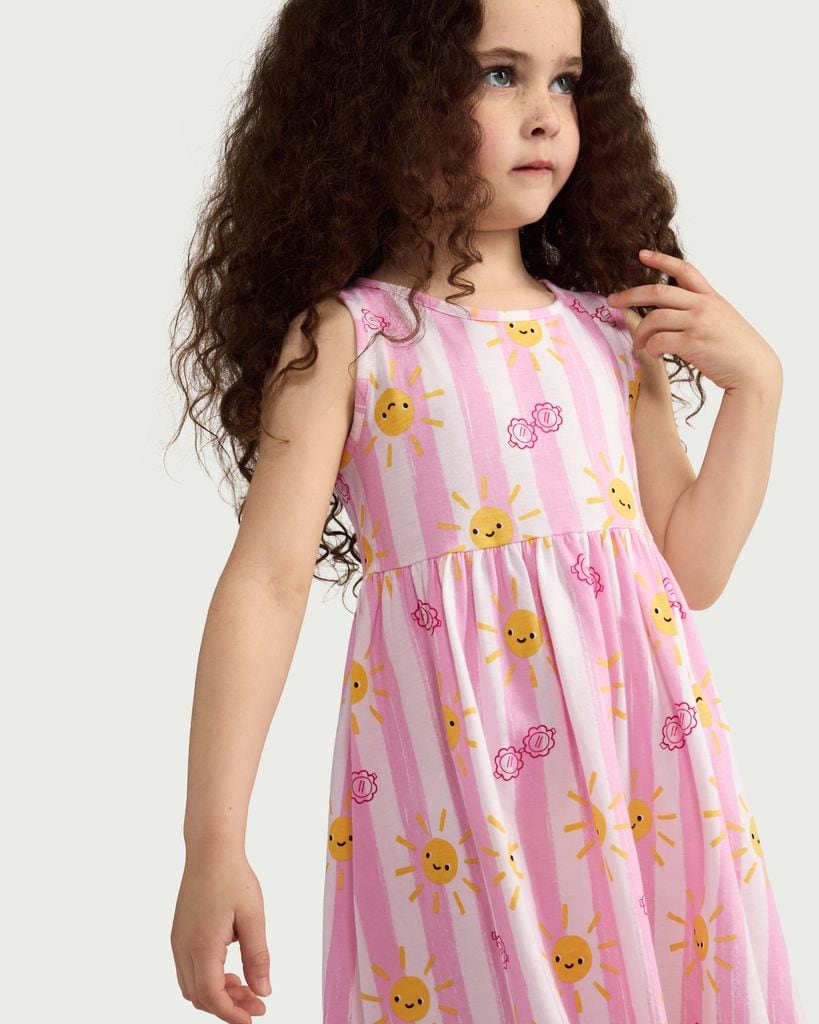 F&F Girls Pure Cotton Sun and Stripe Print Sleeveless Dress in Multi Pink