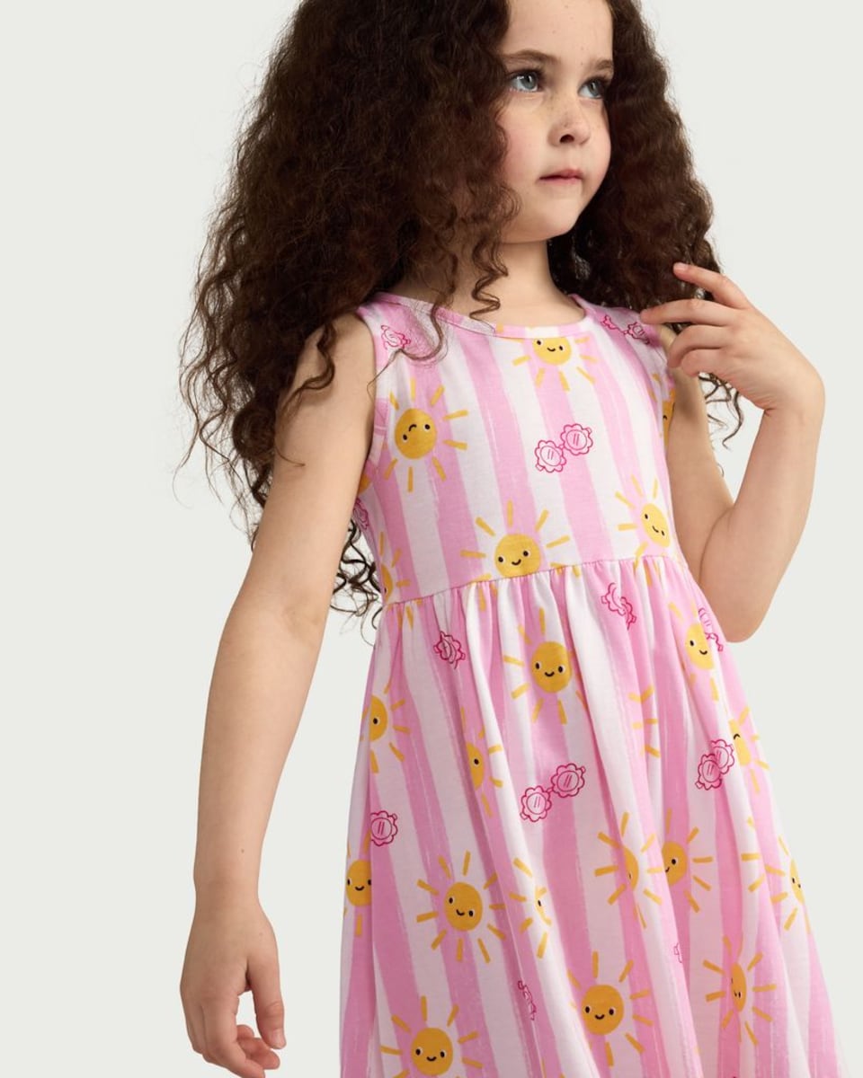 image 1 of F&F Girls Pure Cotton Sun and Stripe Print Sleeveless Dress in Multi Pink