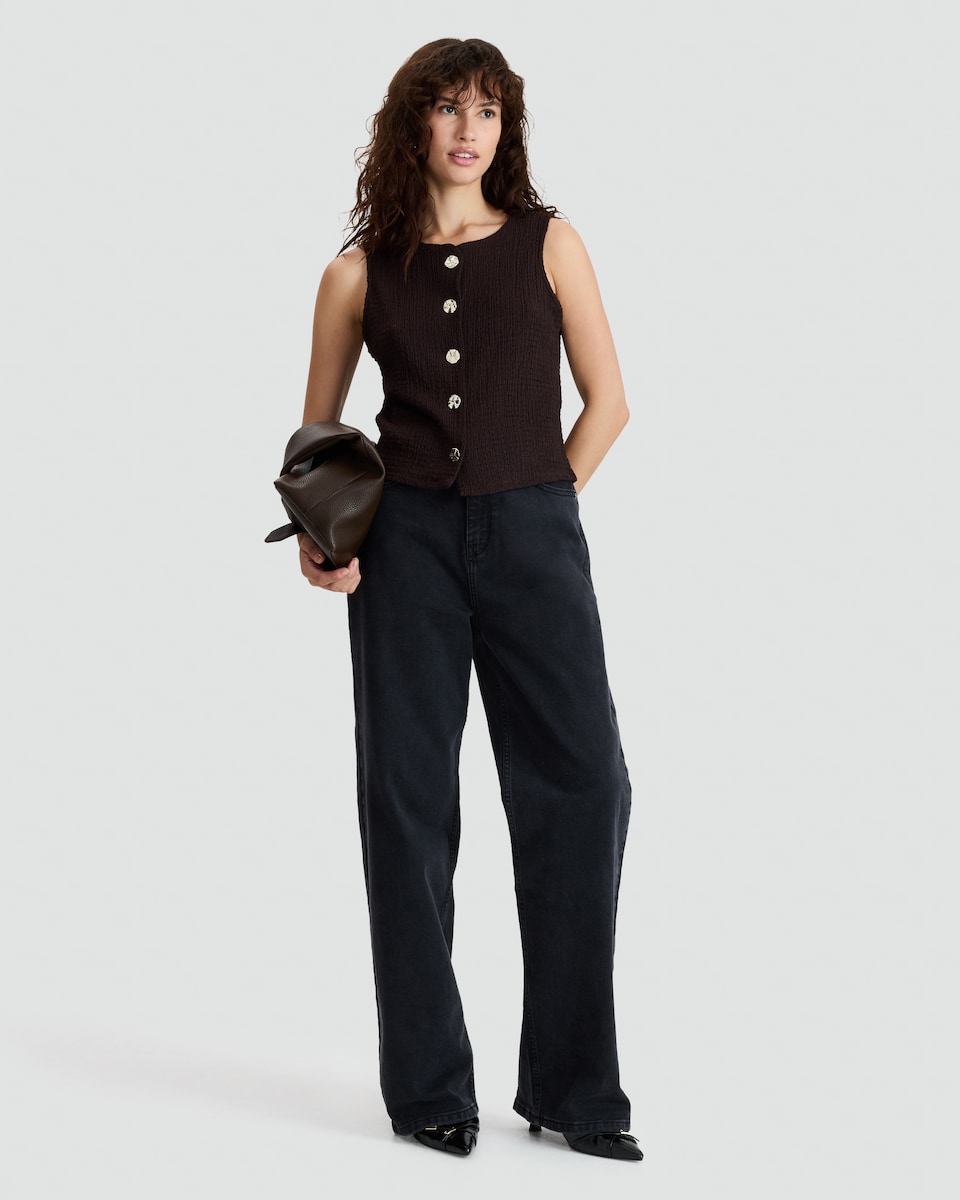 image 1 of F&F Crinkle Textured Button Front Sleeveless Co-ord Top in Brown