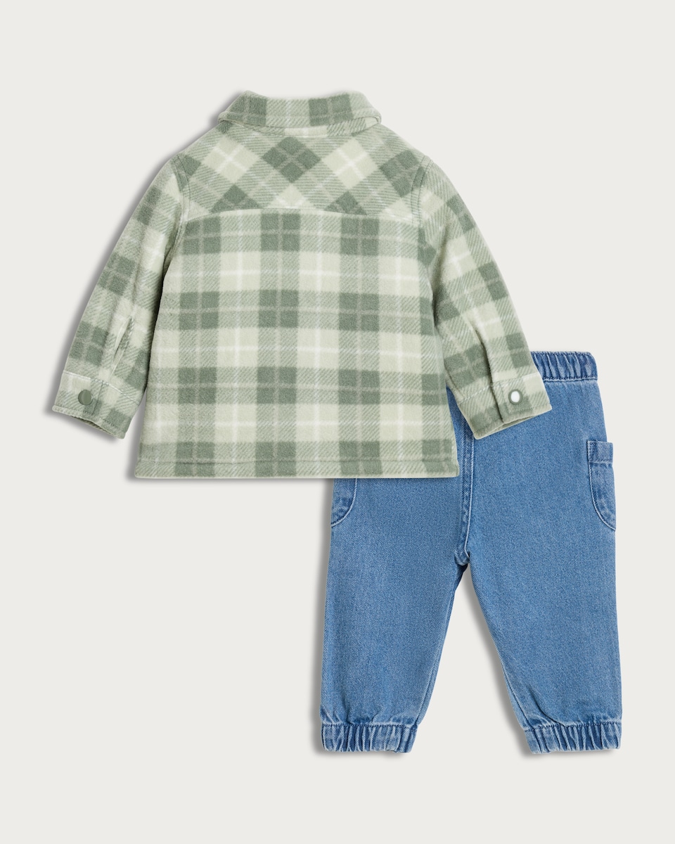 image 1 of F&F Baby 3-Piece Check Shacket, Tee & Jeans Set in Green
