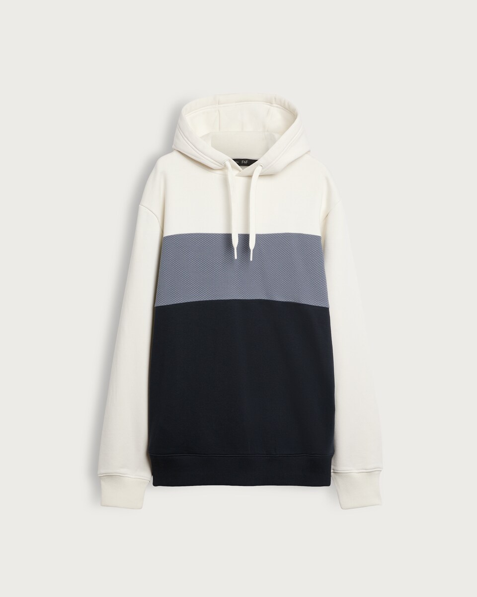 image 1 of F&F Textured Cotton Rich Colour Block Drawstring Hoodie in Navy