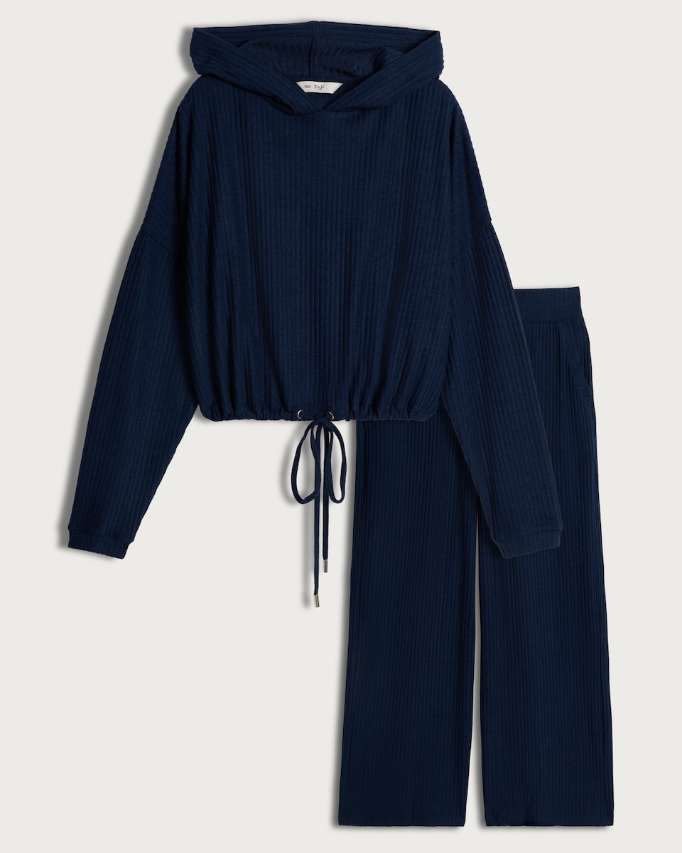 image 1 of F&F Ribbed Hoodie and Bottoms Pyjama Set in Navy