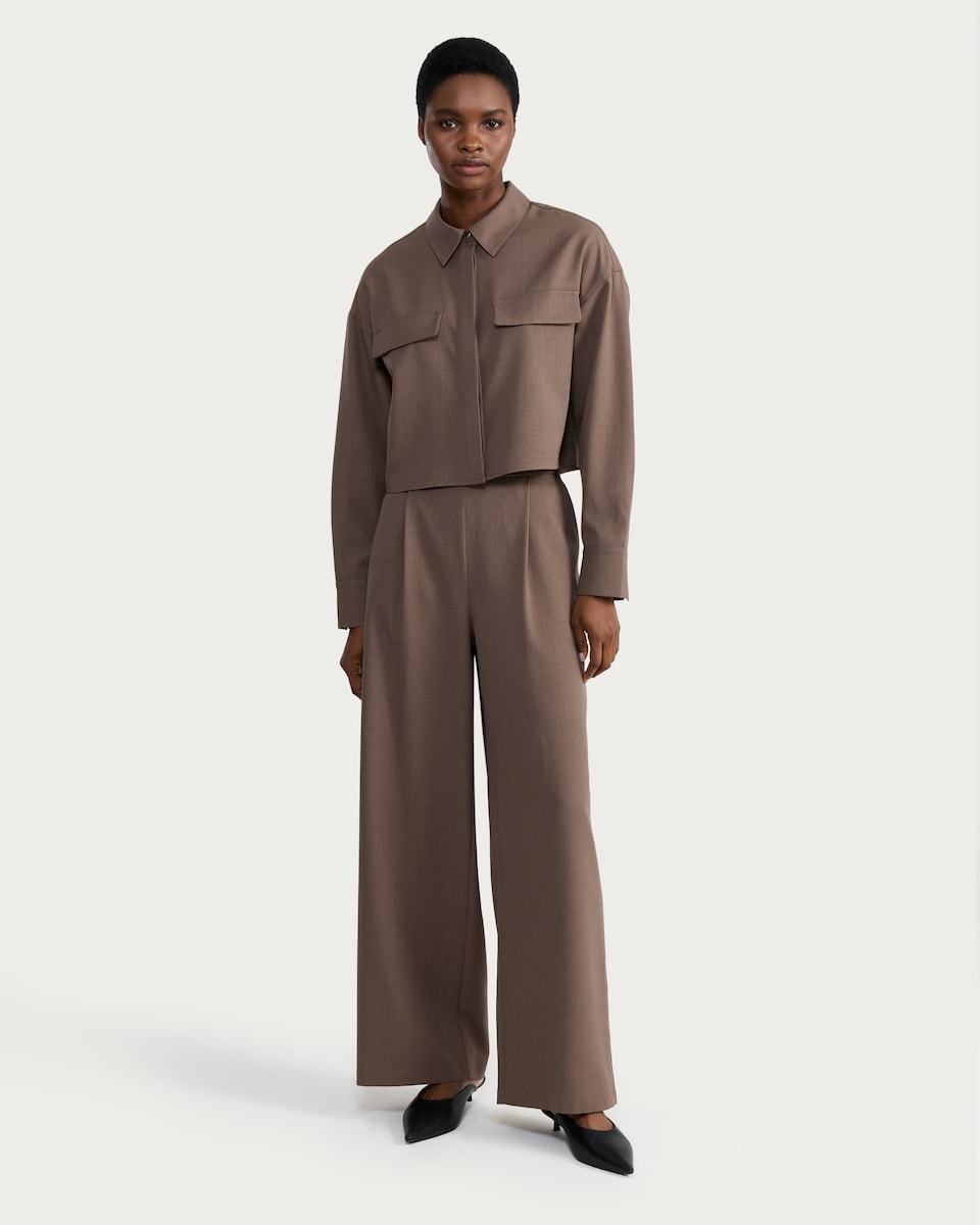 image 1 of F&F Pocket Front Collared Cropped Shirt in Brown