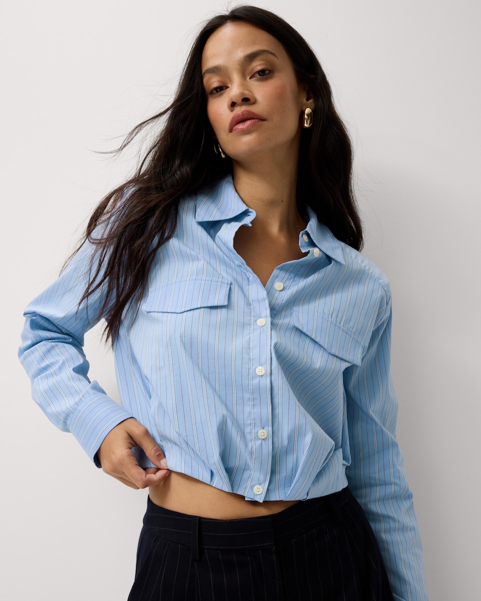 image 1 of F&F Striped Shoulder Pad Shirt in Multi Blue