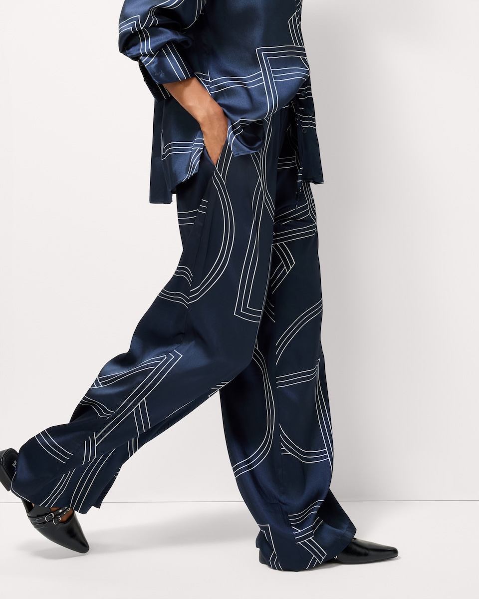 image 1 of F&F Satin Geometric Print Co-ord Trousers in Navy