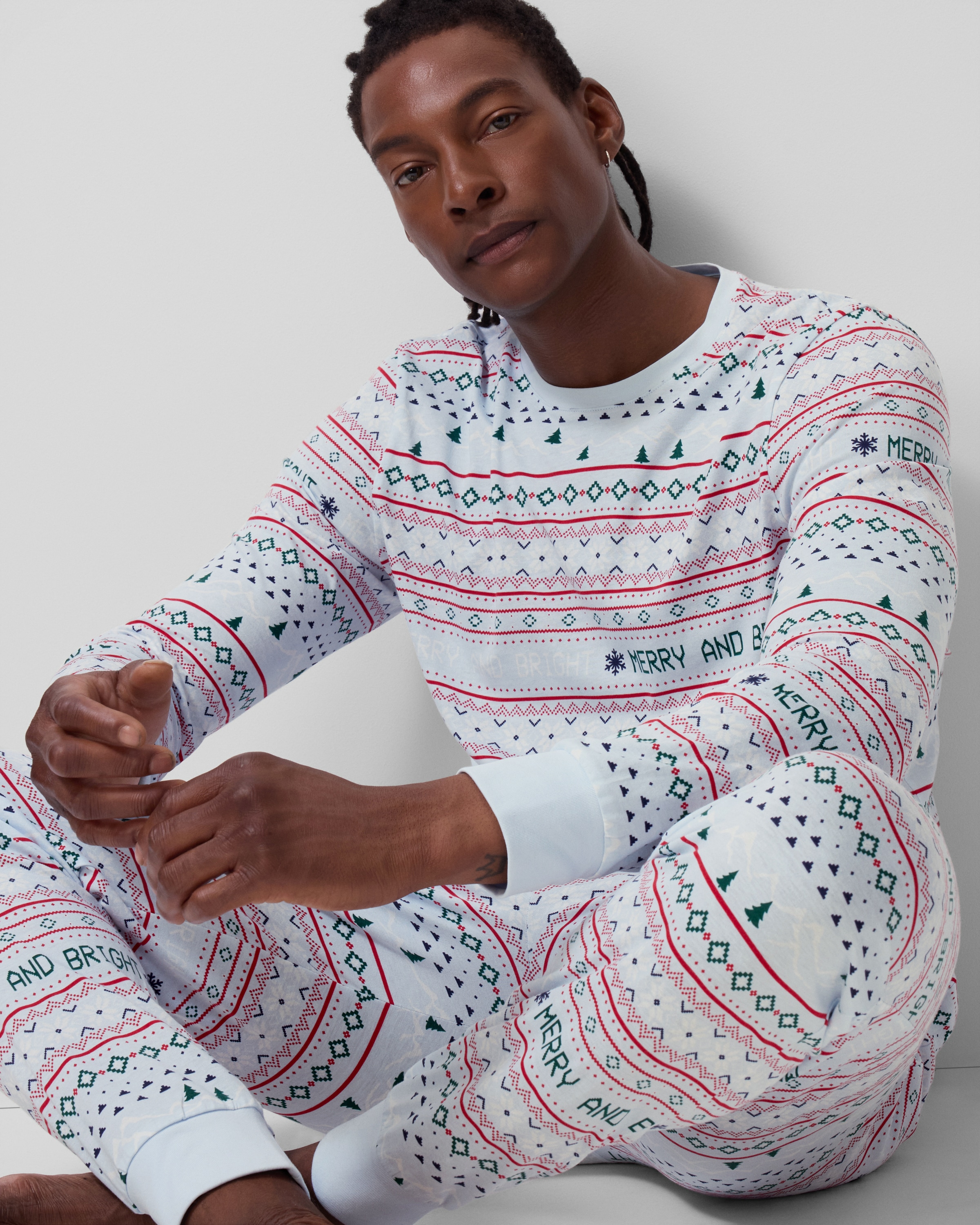Christmas Pure Cotton Fair Isle Matching Family Pyjama Set in Multi Blue